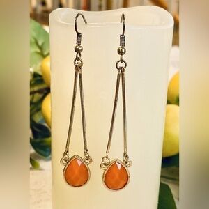 Orange Art Deco Dangle Earrings with faceted bead 2.75”